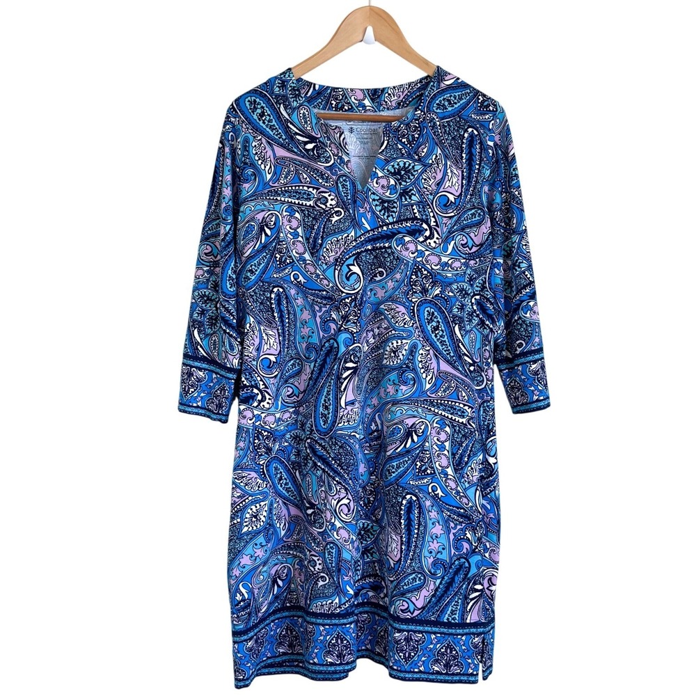 Coolibar Oceanside UPF 50+ Sun Protection Tunic Dress Large Blue Paisley